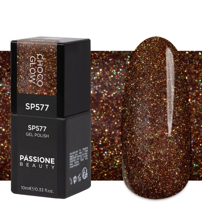 Gel Nail Polish SP577 Choco Glow - Brown gel polish with holographic glitter.
