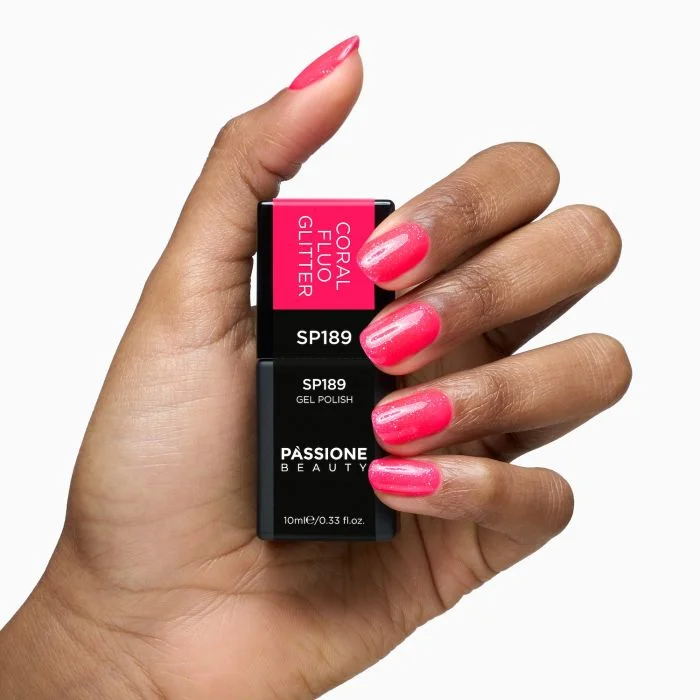 Gel Nail Polish SP189 Coral Fluo Glitter - Fluo Coral Orange Gel Polish with Multicolour Glitter - detail 3