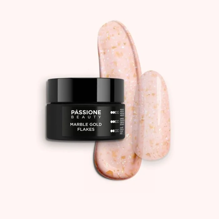 Marble Gold Flakes 15 ml - Builder gel autonivelante rosa natural con copos dorados y micro-copos holográficos