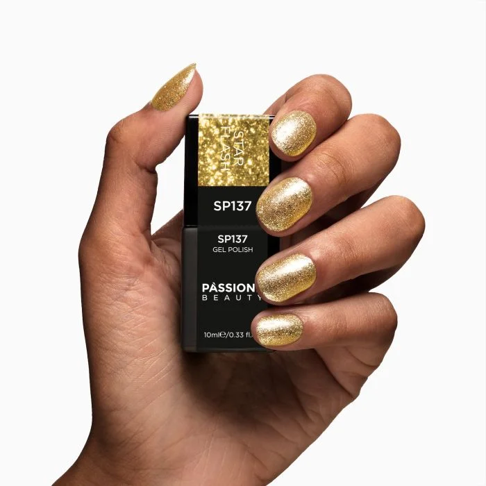 UV-Nagellack SP137 Star Flash - UV-Nagellack Gold mit rosa Micro-Flakes und goldenen Glitzern - Detail 3
