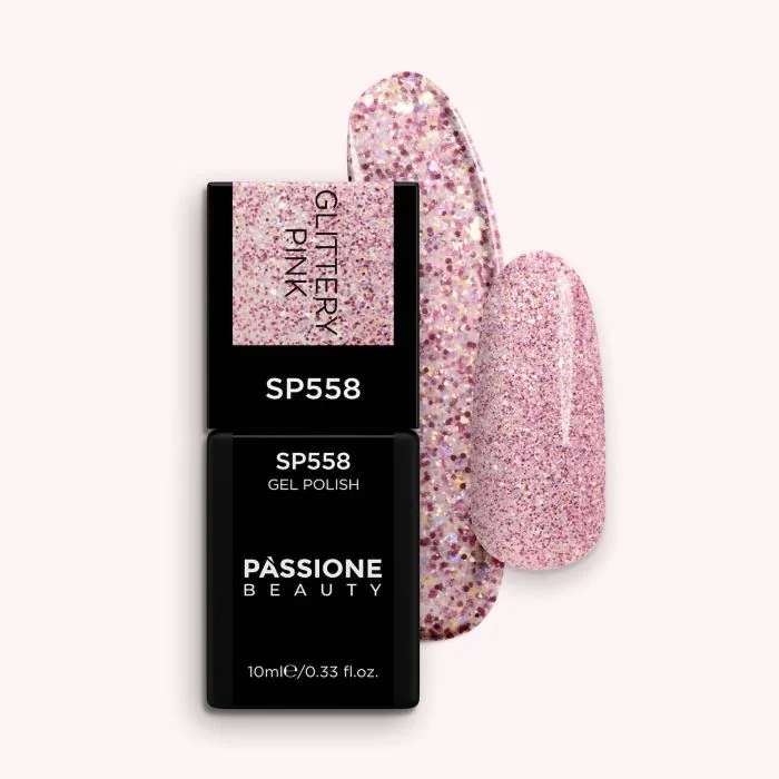 Vernis semi-permanent SP558 Glittery Pink - Vernis semi-permanent transparent avec micro-paillettes fuchsia et holographiques