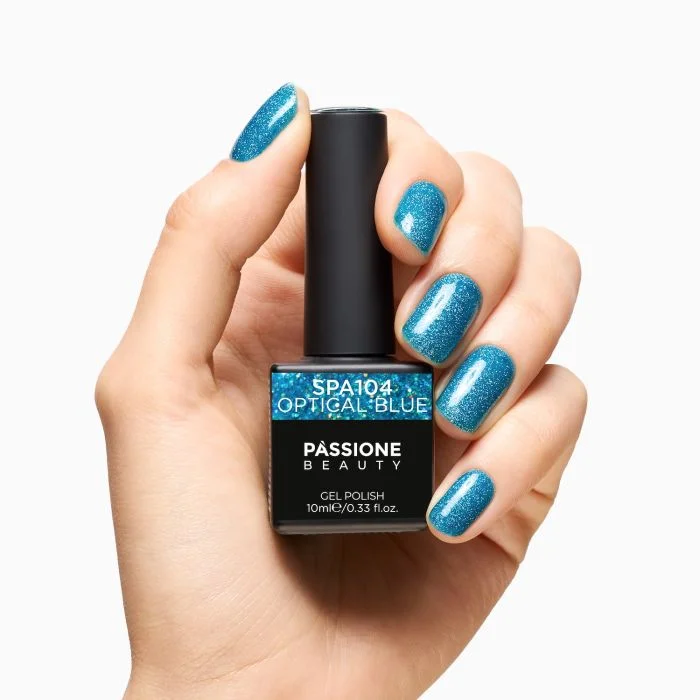 UV Nagellack SNA104 Optical Blue - UV Nagellack in Blau mit holografischem Microglitter - Detail 2