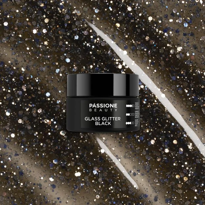 Glass Glitter Black 15 ml - Builder gel autonivelante negro efecto cristal con purpurina y lentejuelas plateadas - detalle 4
