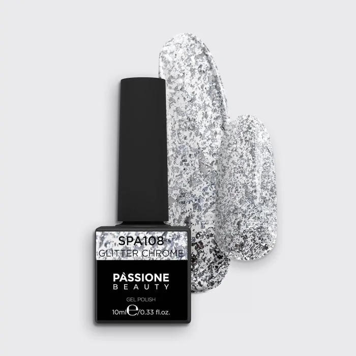 Esmalte Semipermanente EPA108 Glitter Chrome - Esmalte semipermanente EPA108 Glitter Chrome, con escamas plateadas 