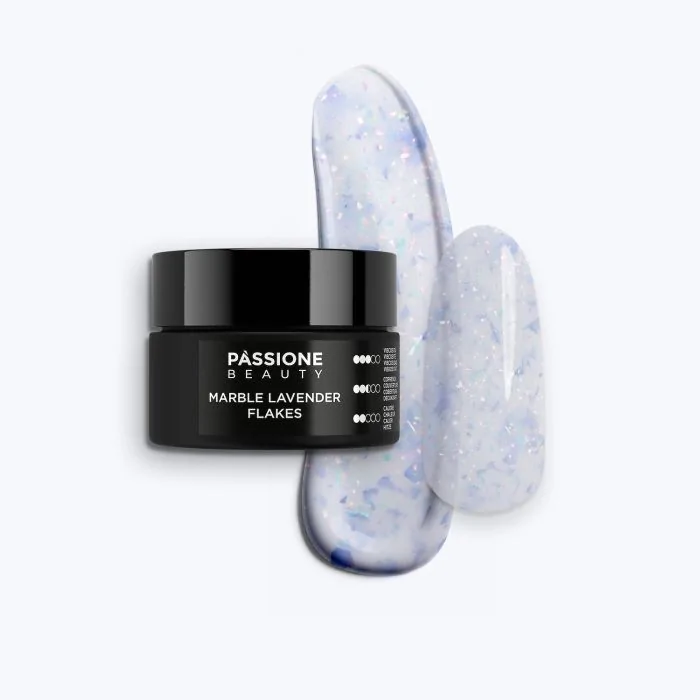Marble Lavender Flakes 15 ml - Builder gel autonivelante blanco lechoso con copos lila y micro-copos holográficos