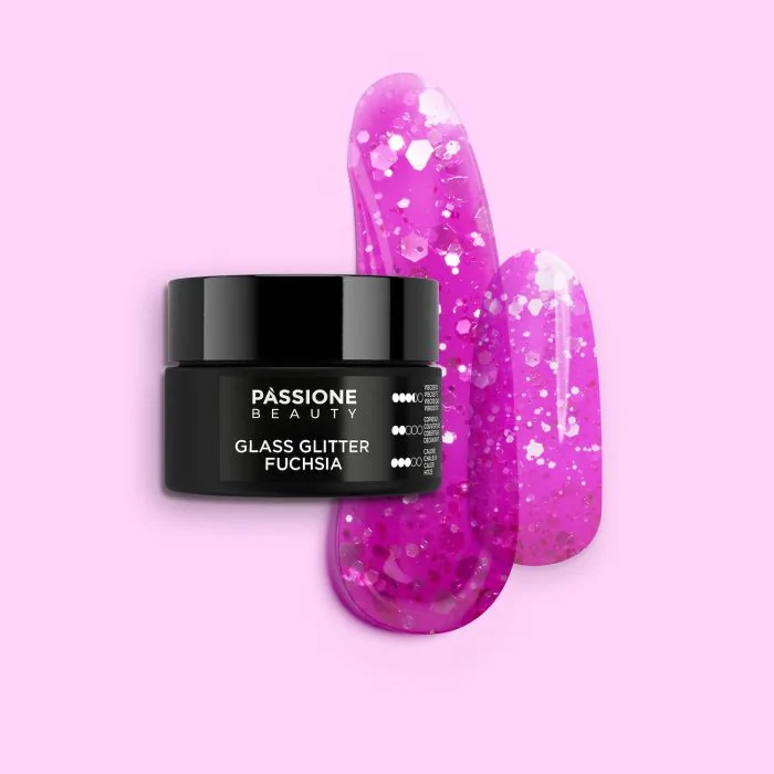 Glass Glitter Fuchsia 15 ml - Builder gel autonivelante fucsia efecto cristal con purpurina y lentejuelas plateadas