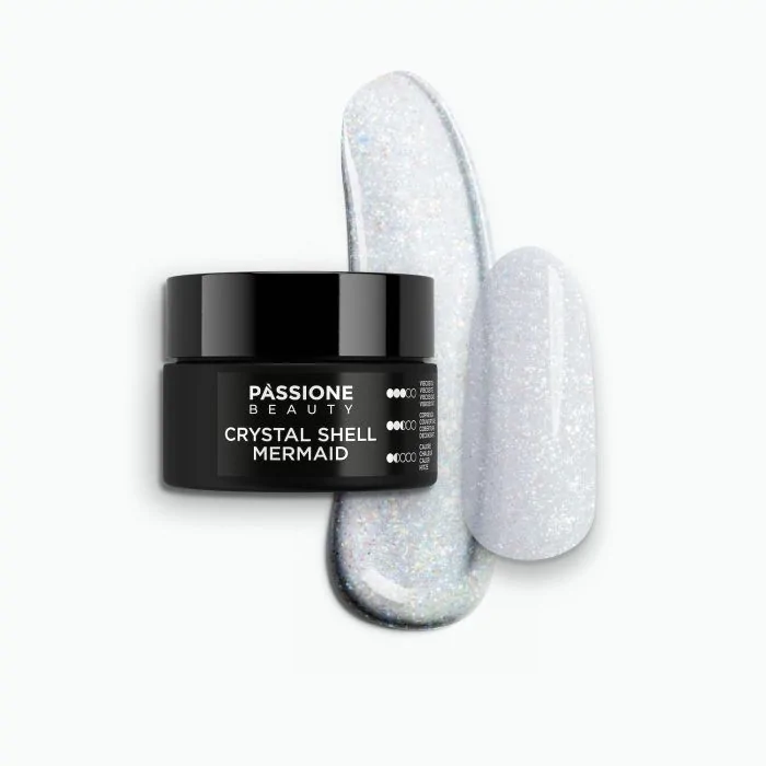 Crystal Shell Mermaid 15 ml - Builder gel autonivelante blanco con finísima micro-purpurina iridiscente azul