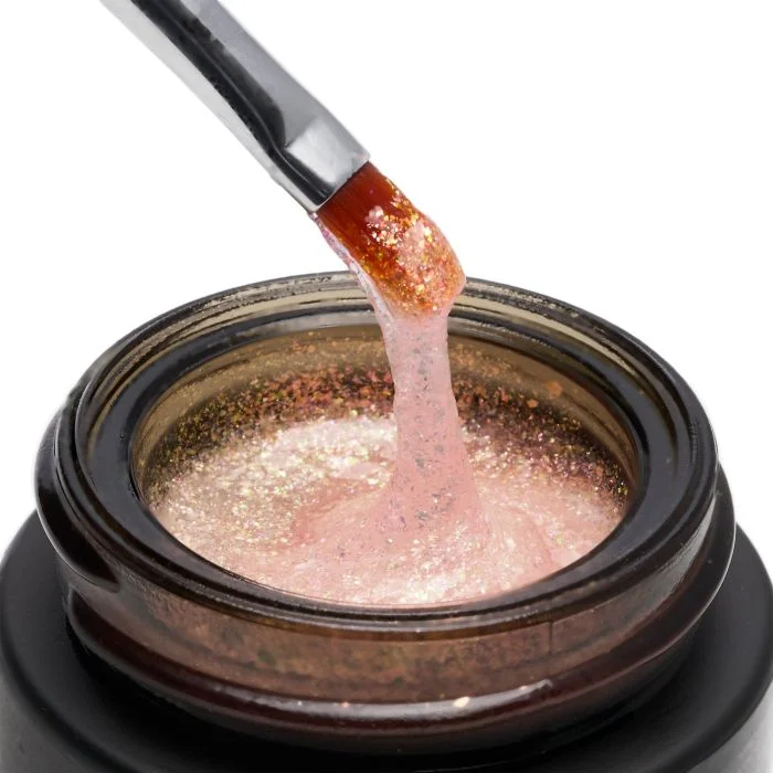 Sparkle Coral 15 ml - Builder Gel selbstnivellierend Koralle mit changierendem orangenen und goldenen Glitzer - Detail 3