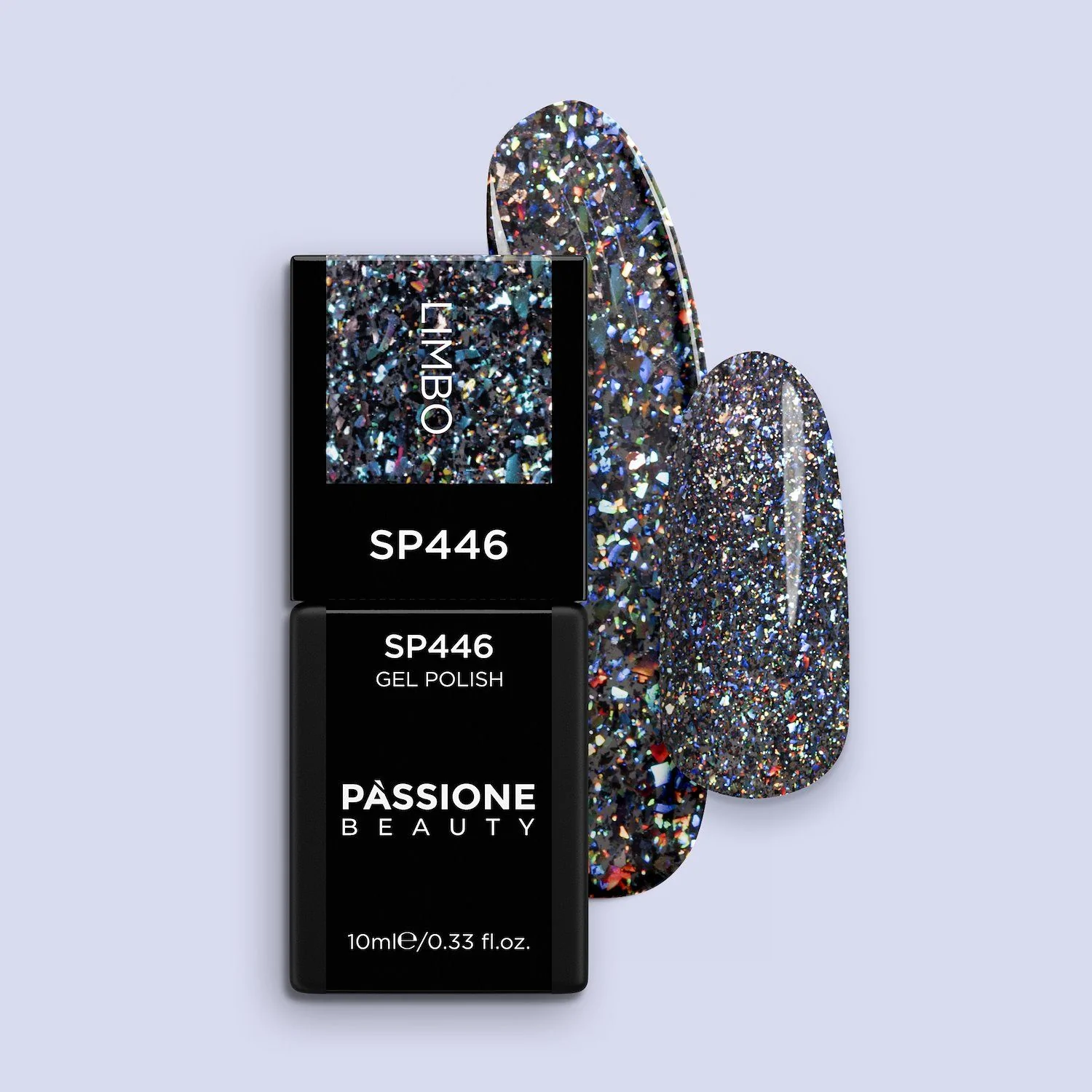 UV-Nagellack SP446 Limbo - UV-Nagellack Schwarz mit mehrfarbigen Micro-Flakes und holografischen Glitzern