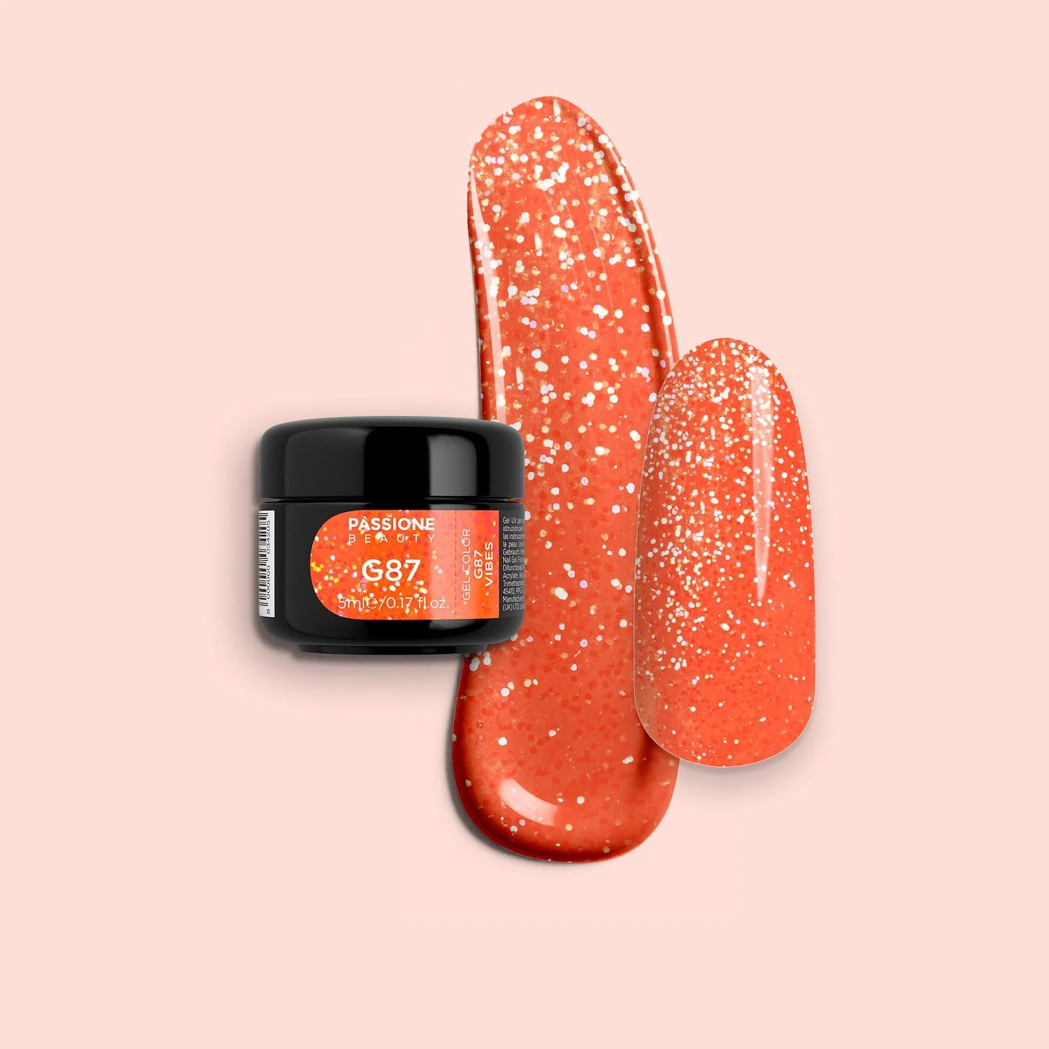 Gel Colour G87 Vibes - Neon orange glitter gel with multicolour glitter