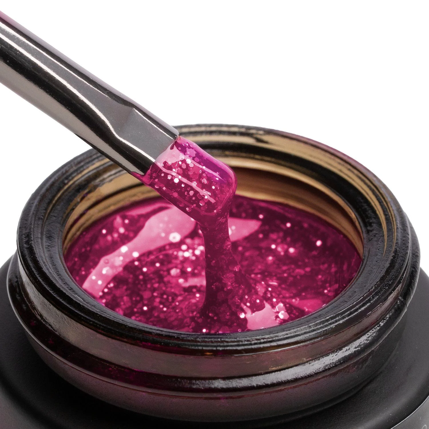 Glass Glitter Red 15 ml - Builder Gel selbstnivellierend Magenta-Glaseffekt mit goldenen Glitzer- und Paillettenteilchen - Detail 1
