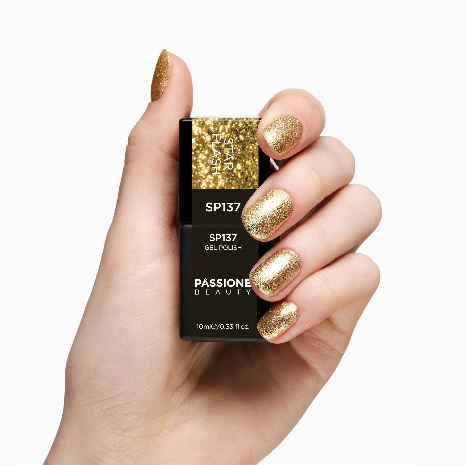 UV-Nagellack SP137 Star Flash - UV-Nagellack Gold mit rosa Micro-Flakes und goldenen Glitzern - Detail 1