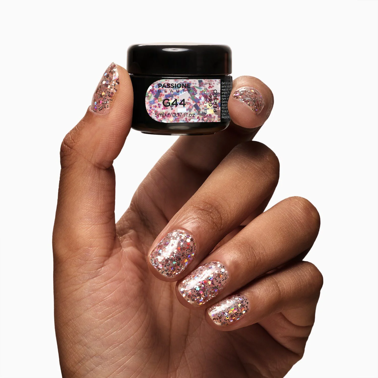 Glitter Farbgel G44 Perseo - Farbgel in transparent mit roten Glitter und Holo Lametta - Detail 1