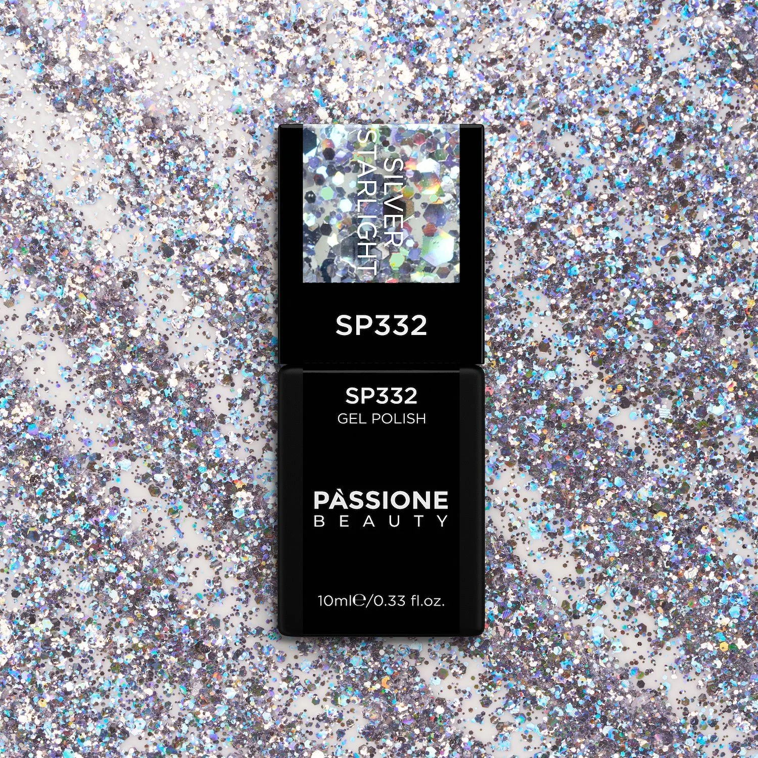 Gel Nail Polish SP332 Silver Starlight - Clear Gel Polish with Glitter and Holographic Silver Sequins - detail 1