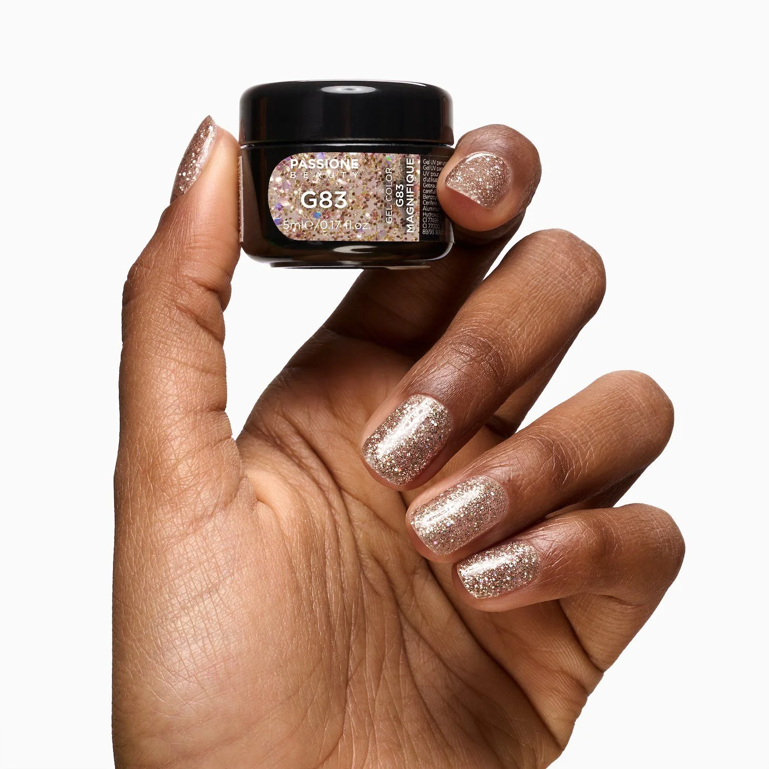 Glitter Farbgel G83 Magnifique - Farbgel in Passione Shellac in transparent mit Glitter in bunt leuchtendem Gold - Detail 1