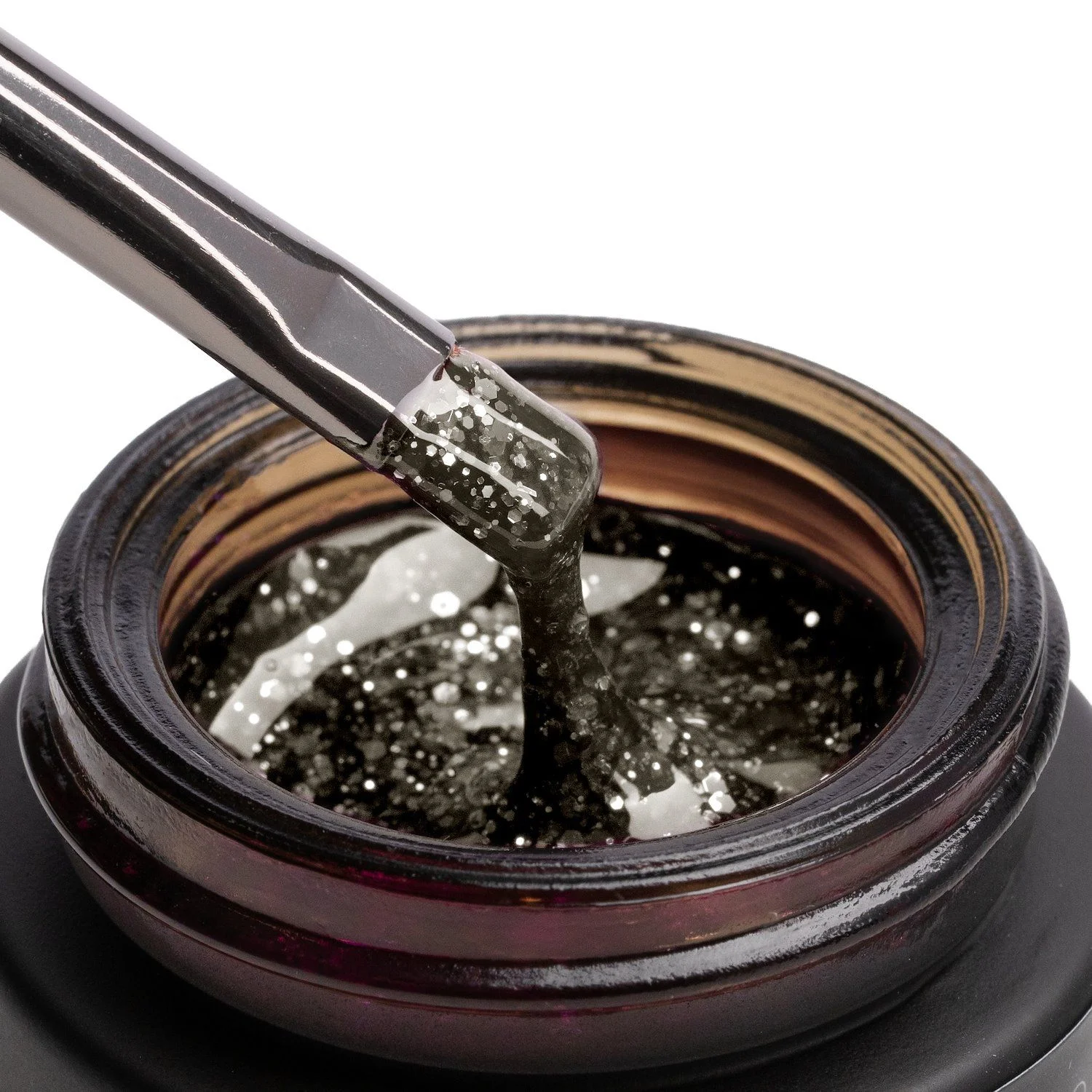 Glass Glitter Black 15 ml - Builder Gel selbstnivellierend schwarzer Glaseffekt mit silbernen Glitzer- und Paillettenteilchen - Detail 1