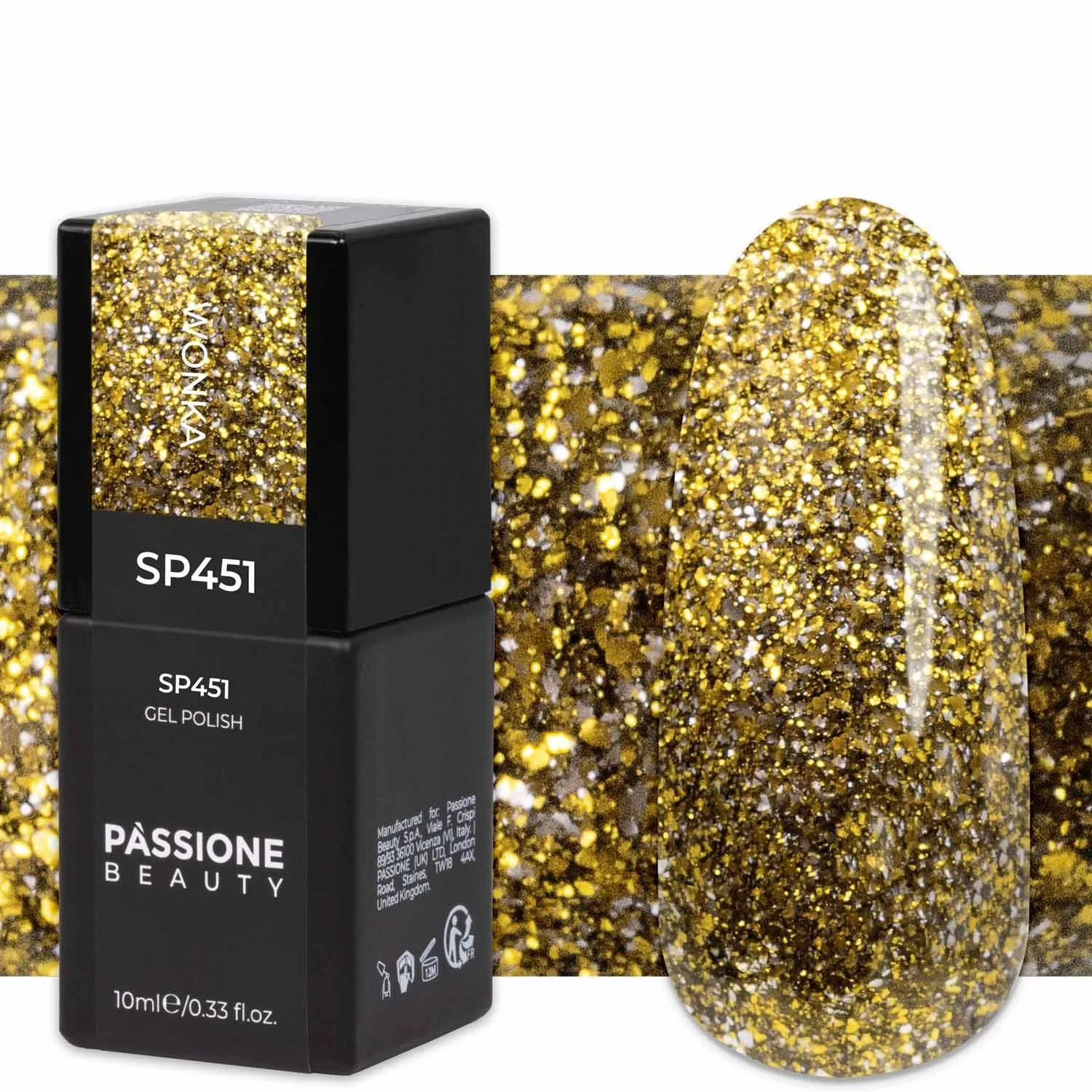 Gel Nail Polish GP451 Wonka - Gold-bronze gel polish with black, gold and silver flakes 