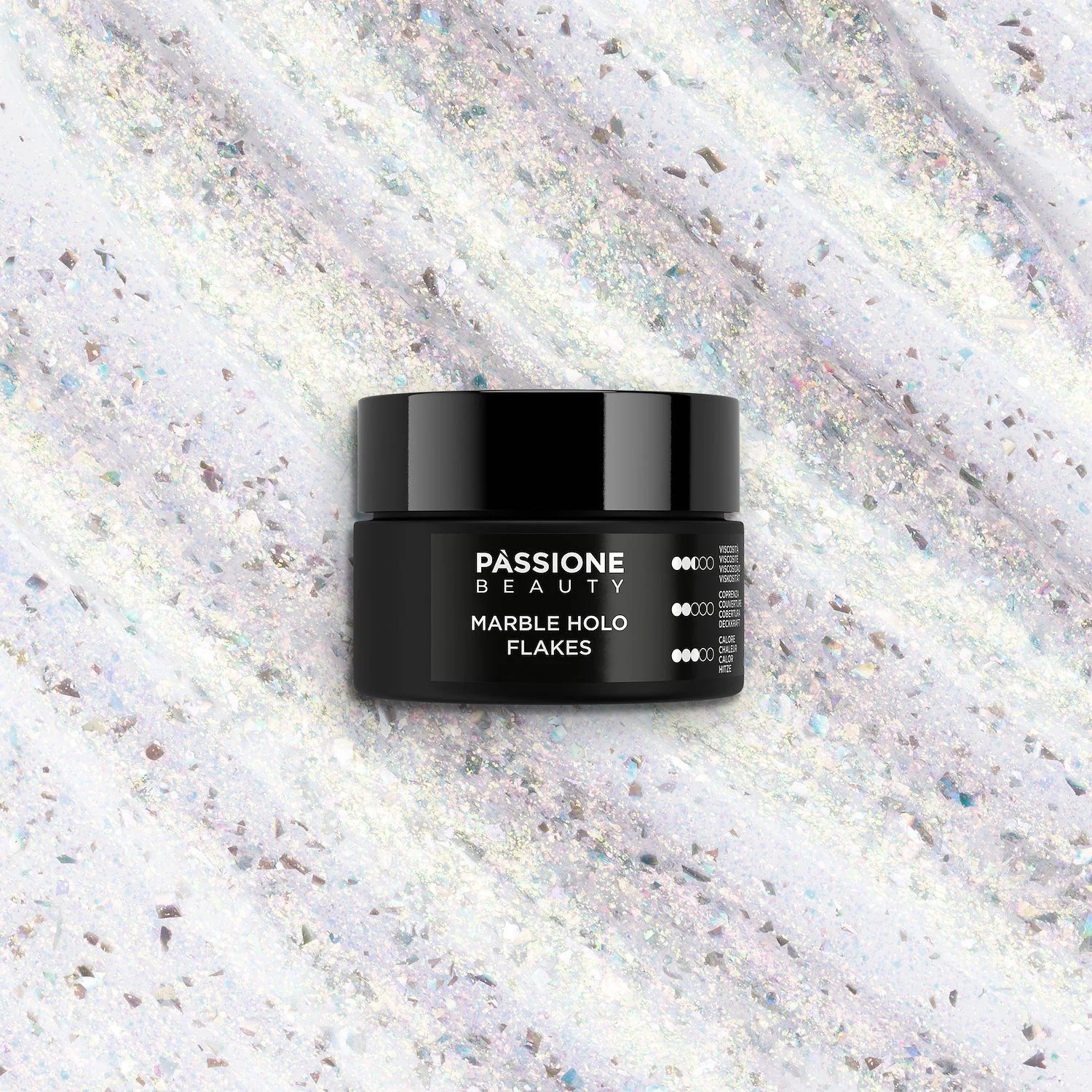 Marble Holo Flakes 15 ml - Gel de construction auto-égalisant transparent avec flakes et micro-flakes holographiques - détail 2