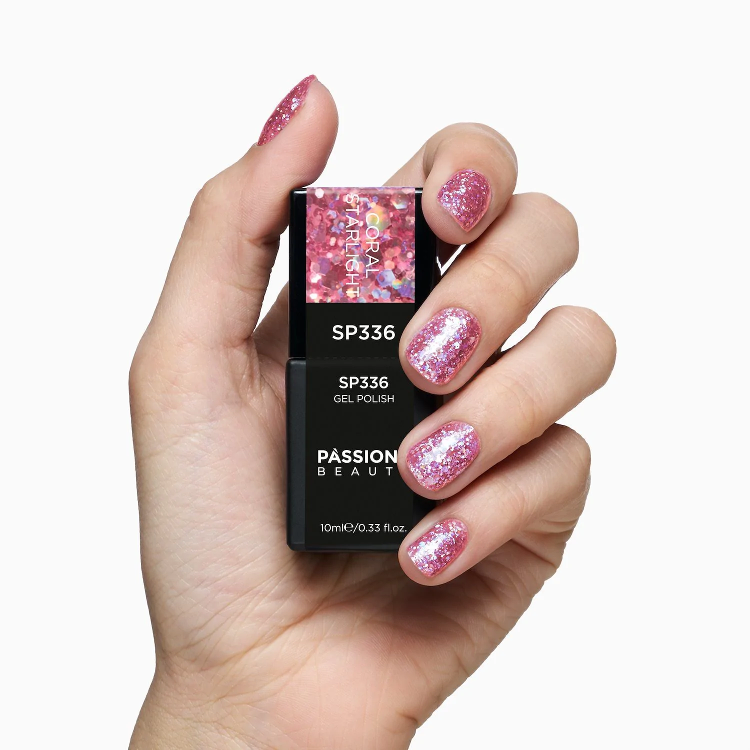 Smalto semipermanente SP336 Coral Starlight - Colore semipermanente rosa corallo con glitter e paillettes corallo e olografici - dettaglio 1