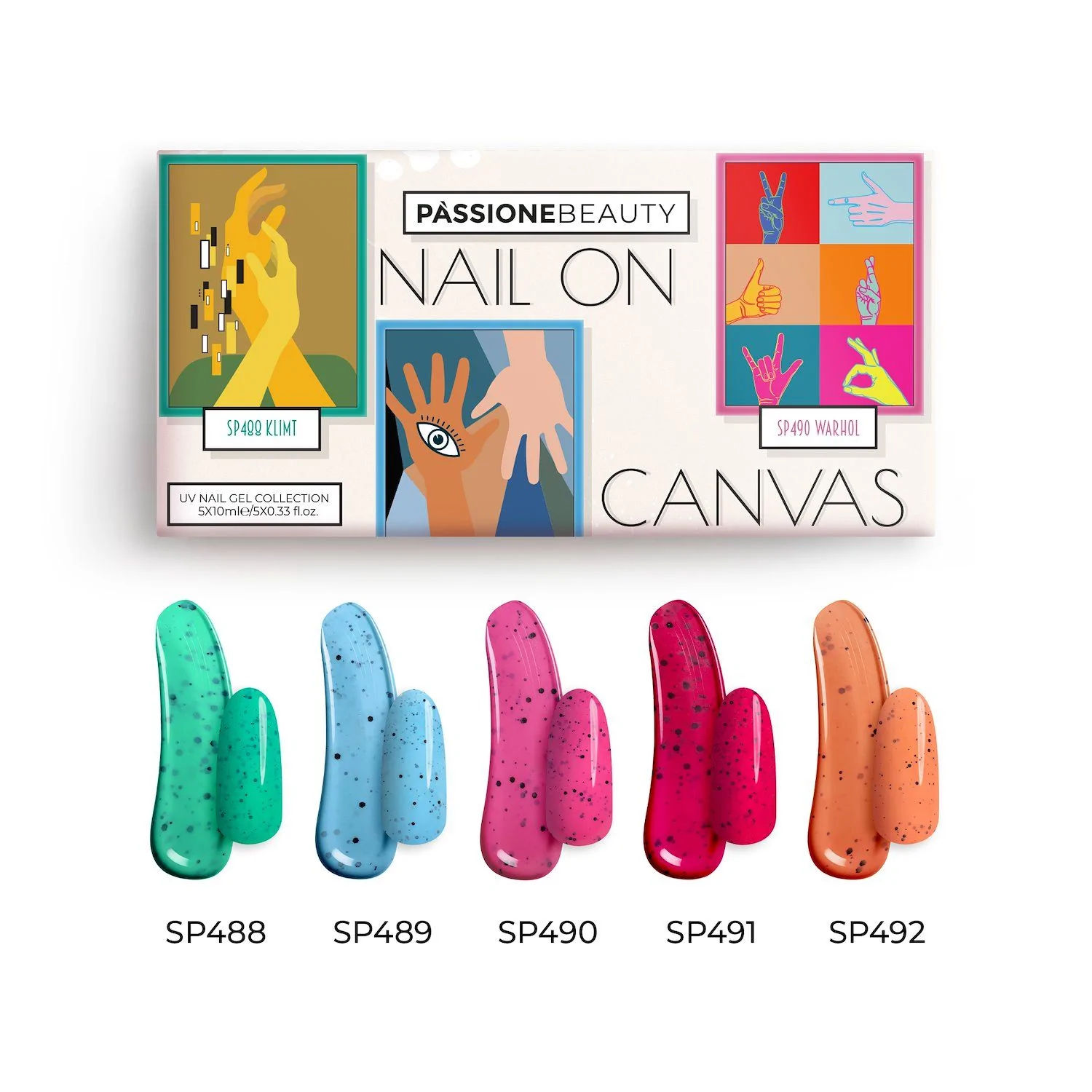 Nail on canvas Kit - Collection of neon gel polishes with black micro particles