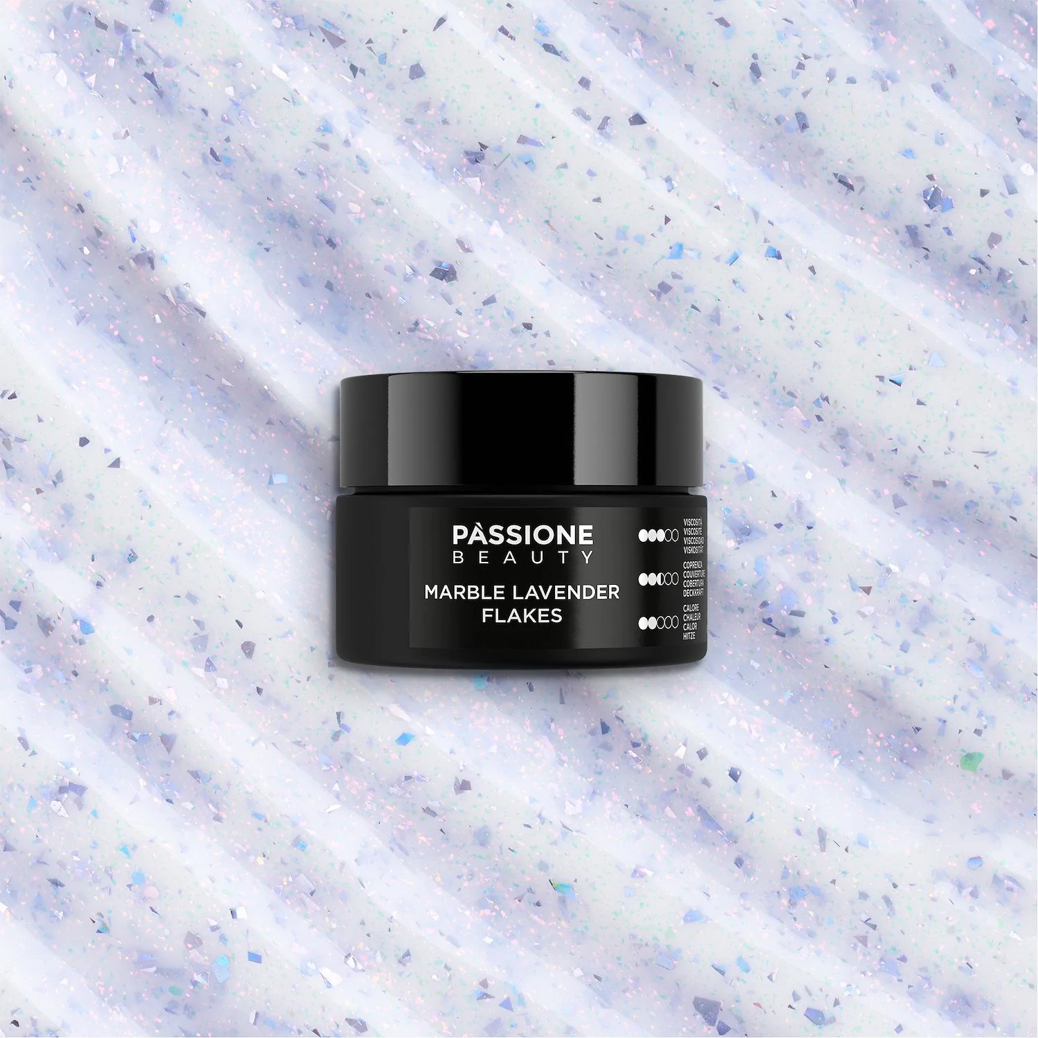 Marble Lavender Flakes 15 ml - Gel de construction auto-égalisant blanc laiteux avec flakes lilas et micro-flakes holographiques - détail 2