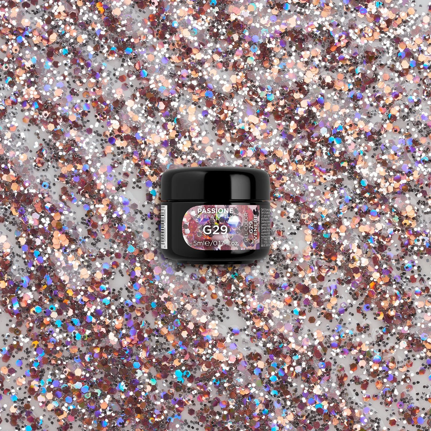 Glitter Farbgel G29 Venere - Farbgel in transparent mit Glitter in Silber und Rosegold - Detail 2