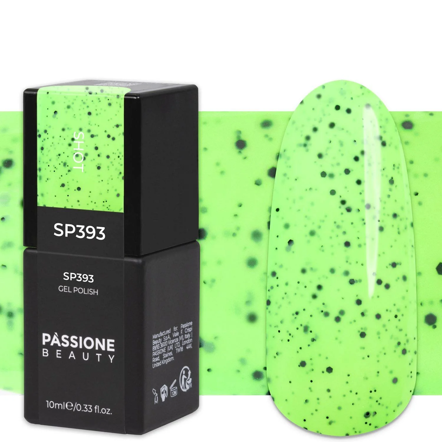 Gel Nail Polish GP393 Shot  - Lime Green Gel Polish with black micro particles