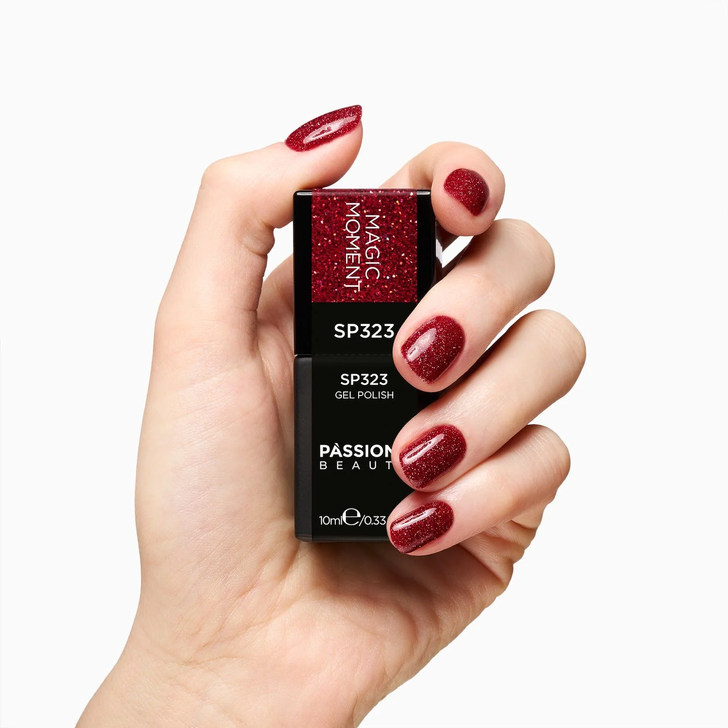 Vernis semi-permanent SP323 Magic Moment - Vernis semi-permanent rouge foncé avec micro-paillettes holographiques - détail 1