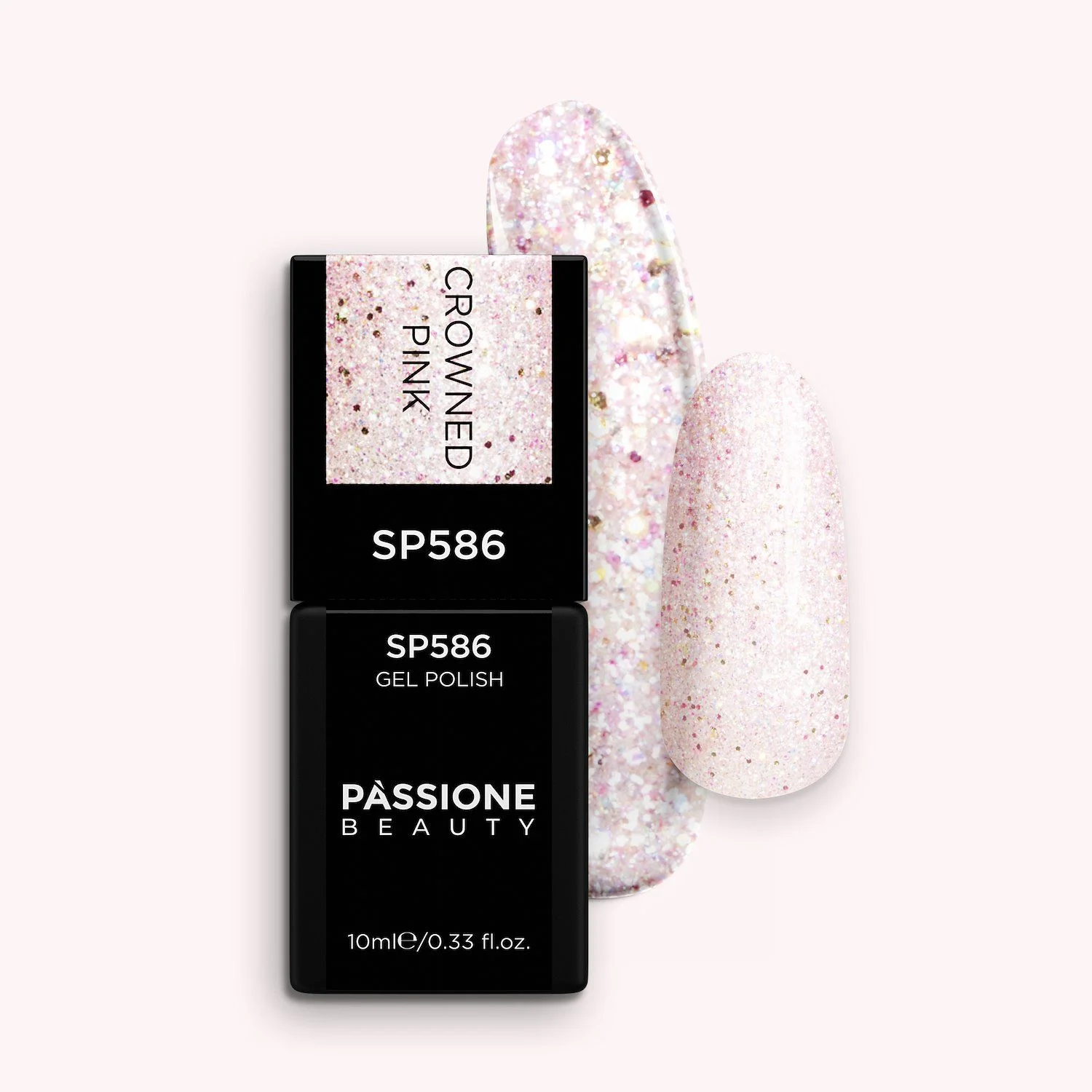 Esmalte semipermanente SP586 Crowned Pink - Esmalte semipermanente rosa transparente con micropurpurina plateada y holográfica