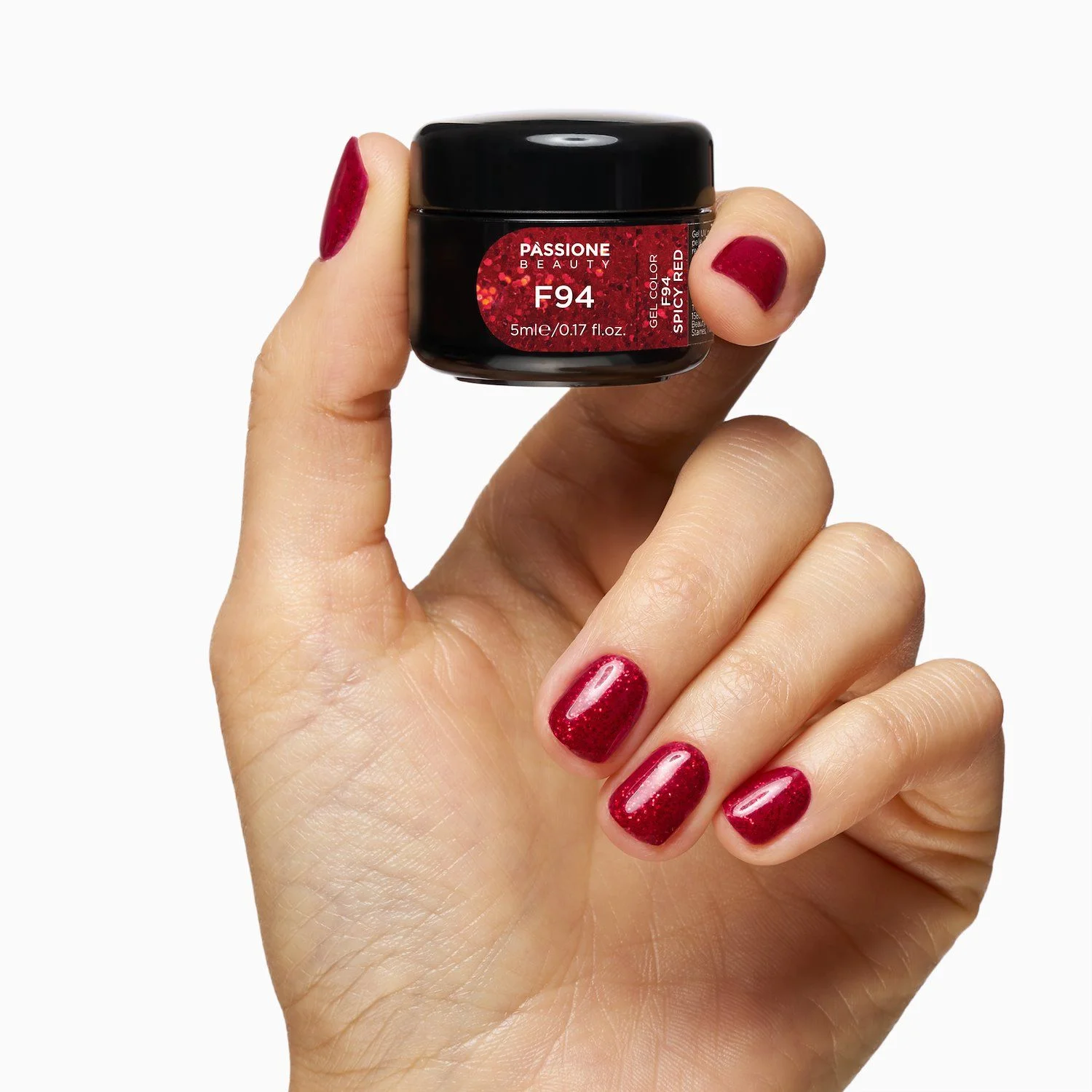 Gel Color F94 Spicy Red - Gel Color autosigillante rosso con glitter rossi - dettaglio 2