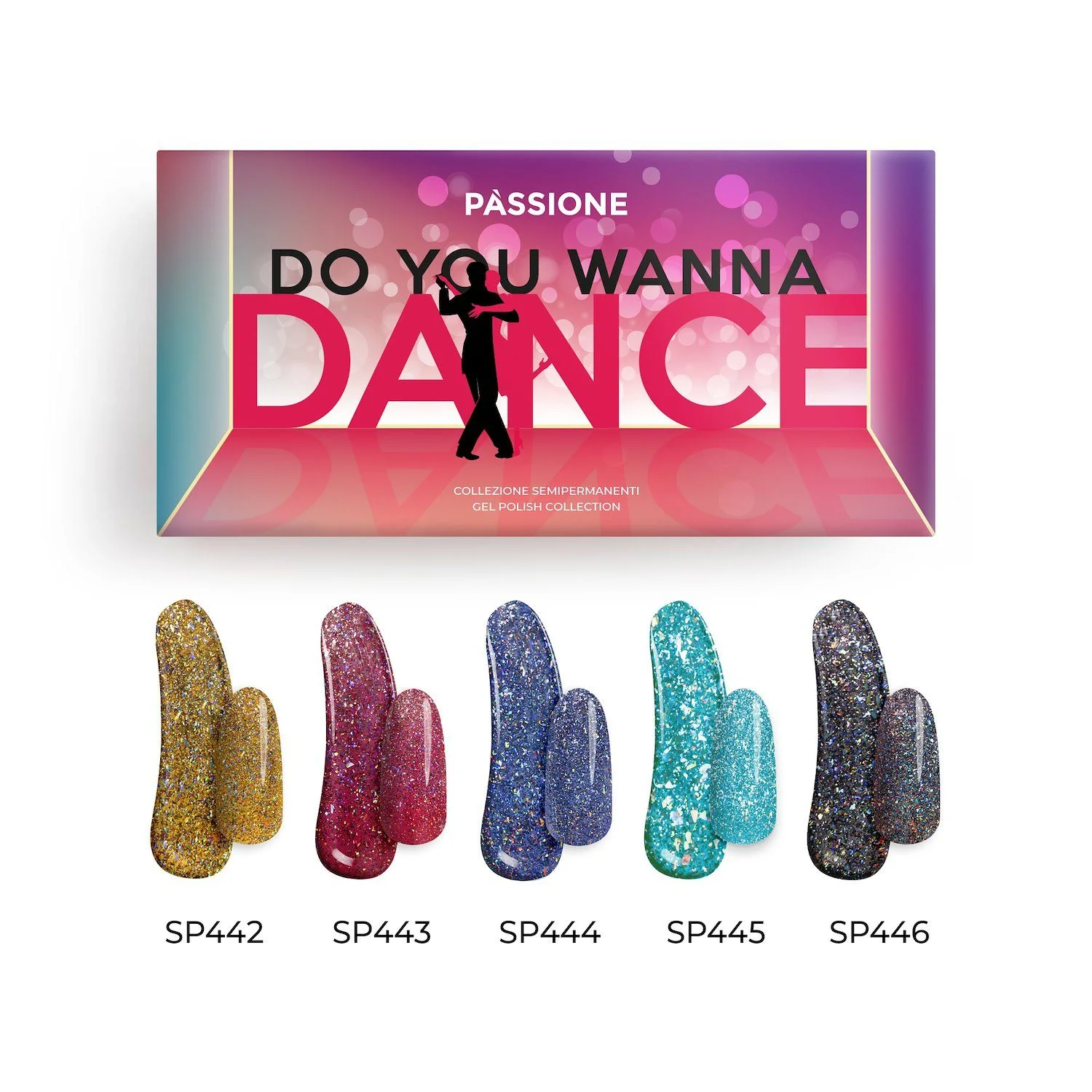 Do you wanna dance? Kit - Collection of gel polishes with reflective holographic flakes