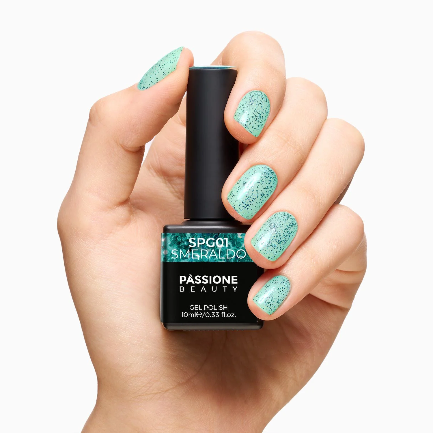 Gel Nail Polish GPG01 Smeraldo  - GPG01 Smeraldo gel polish, transparent with green micro glitter  - detail 1