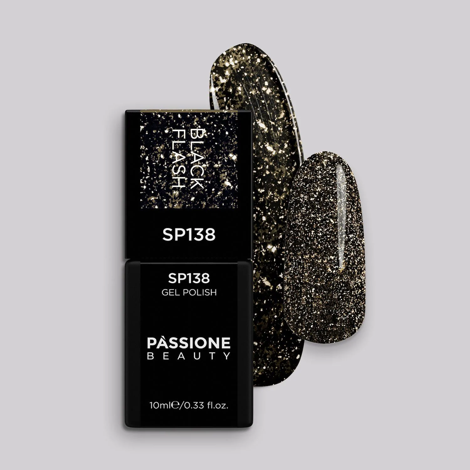 Gel Nail Polish SP138 Black Flash - Black Gel Polish with Platinum Micro-glitter and Silver Flakes