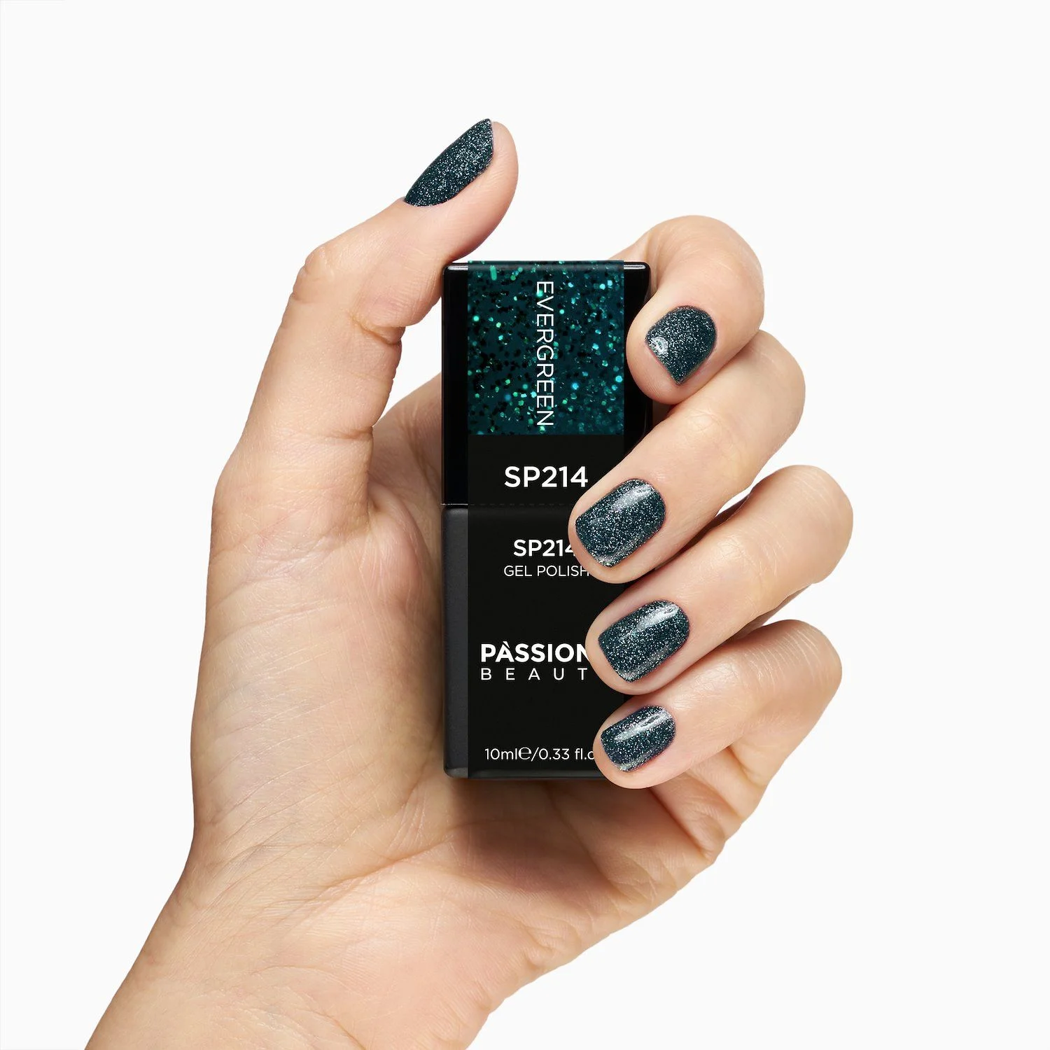 UV-Nagellack SP214 Evergreen - UV-Nagellack Petrolgrün mit grünen Micro-Glitzern - Detail 2