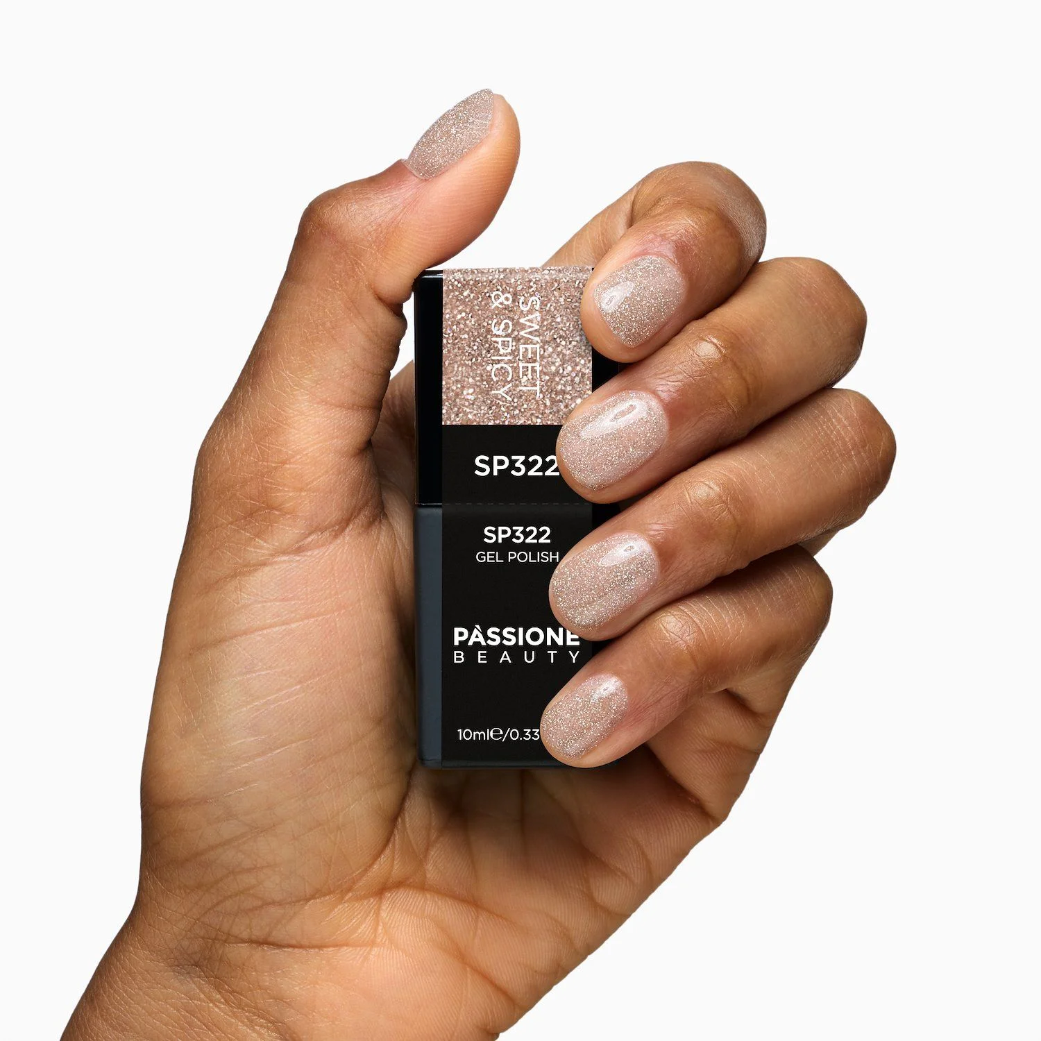 Vernis semi-permanent SP322 Sweet & Spicy - Vernis semi-permanent beige doré avec micro-paillettes holographiques - détail 2
