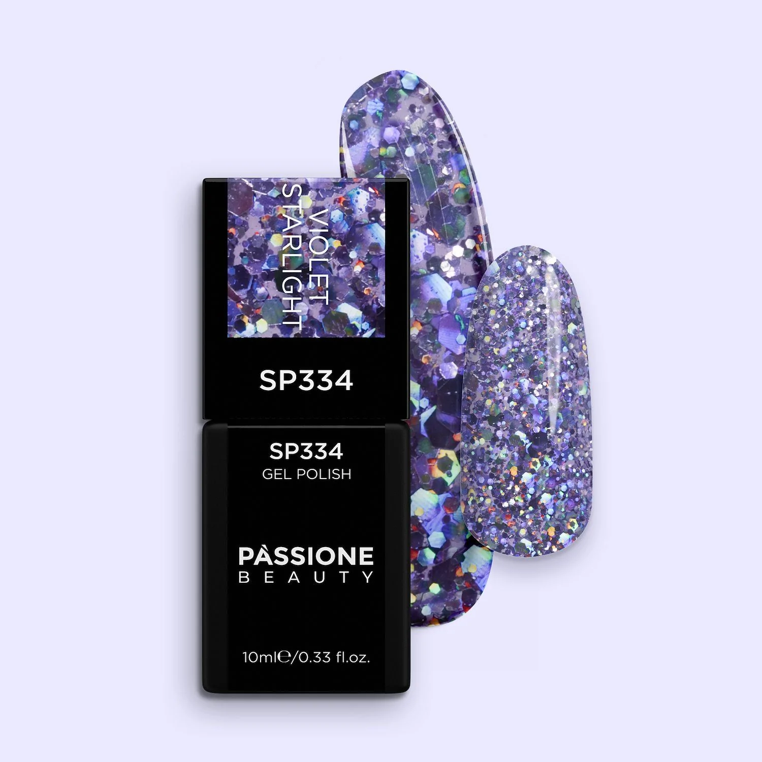 Vernis semi-permanent SP334 Violet Starlight - Vernis semi-permanent violet avec paillettes violets et bleus holographiques
