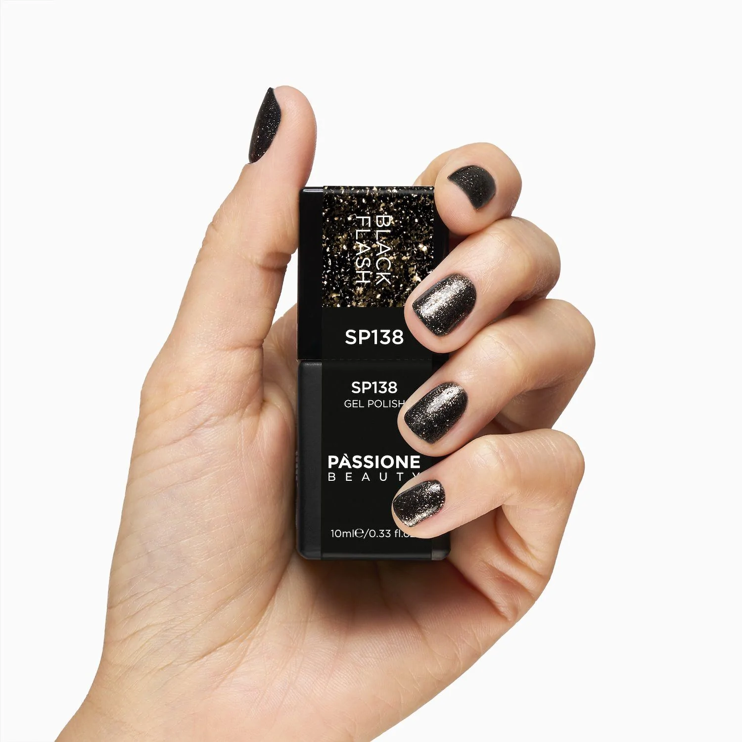 Gel Nail Polish SP138 Black Flash - Black Gel Polish with Platinum Micro-glitter and Silver Flakes - detail 1