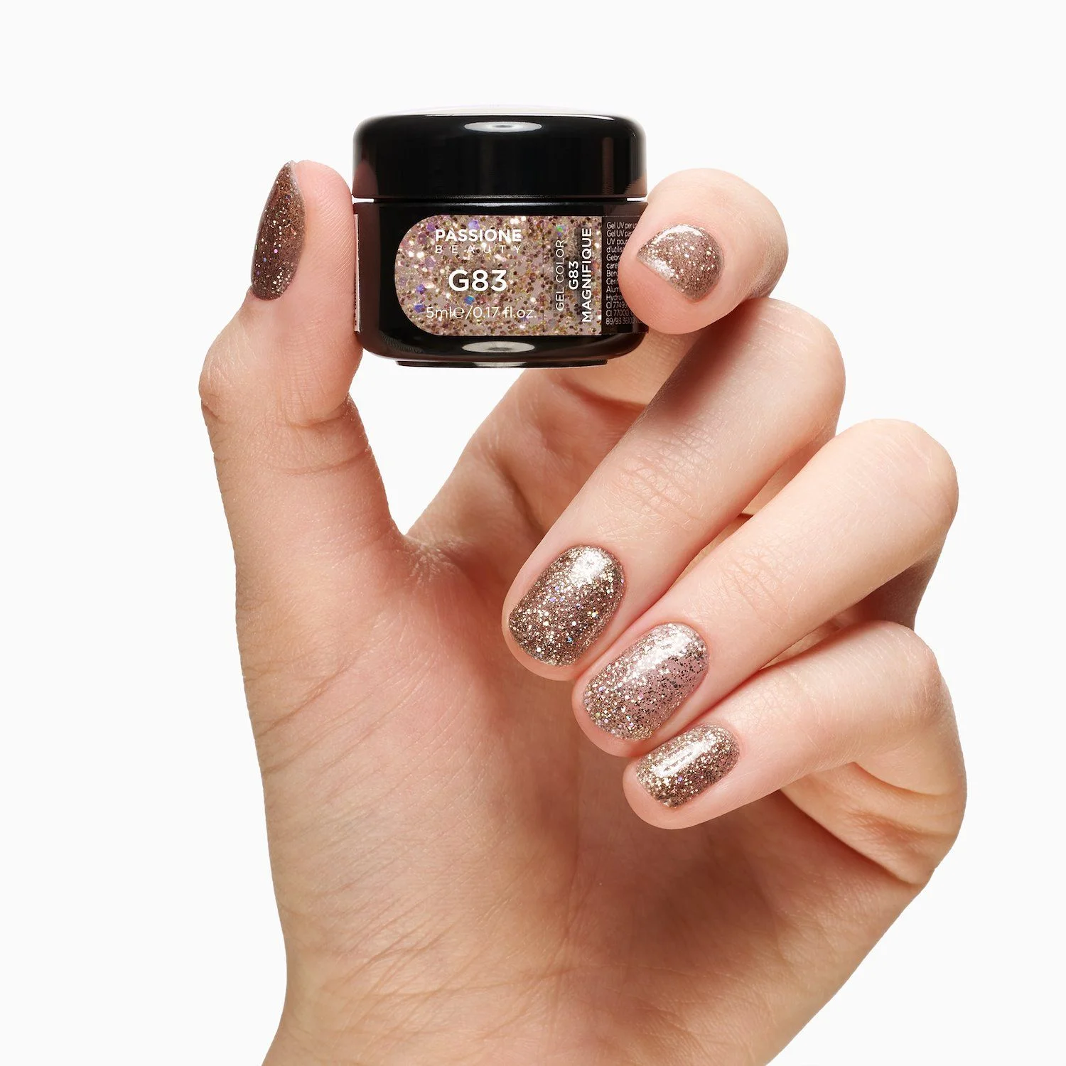 Glitter Farbgel G83 Magnifique - Farbgel in Passione Shellac in transparent mit Glitter in bunt leuchtendem Gold - Detail 3