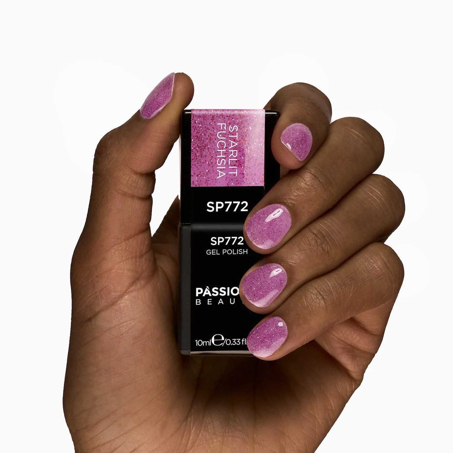 Smalto semipermanente SP772 Starlit Fuchsia - Colore semipermanente fucsia con glitter rossi e argento - dettaglio 2