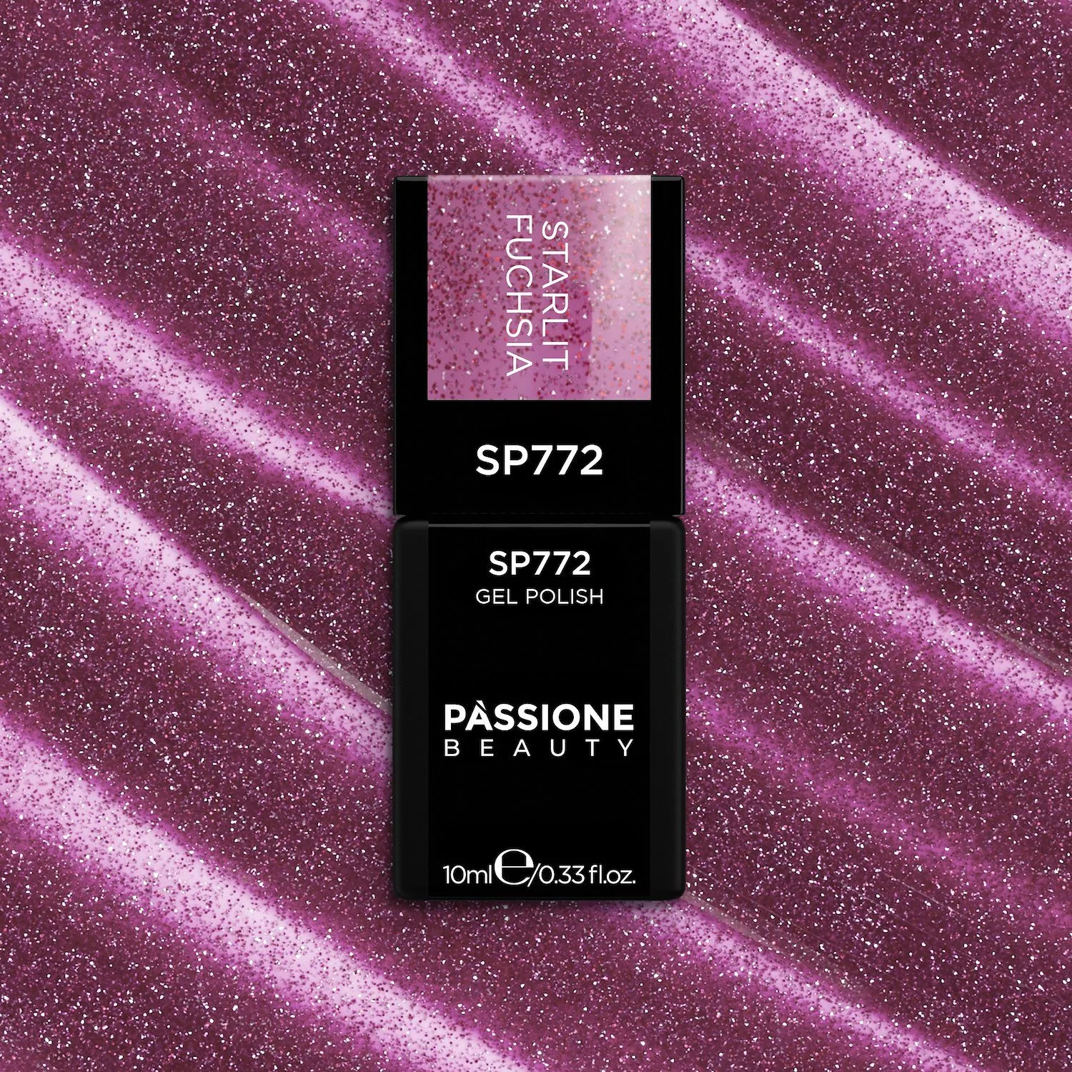 Smalto semipermanente SP772 Starlit Fuchsia - Colore semipermanente fucsia con glitter rossi e argento - dettaglio 3