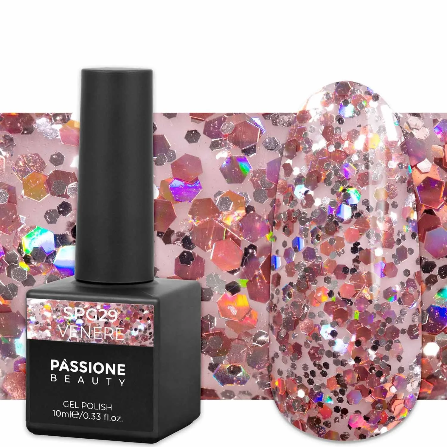 Gel Nail Polish GPG29 Venere  - GPG29 Venere gel polish, transparent with silver micro glitter and pink sequins