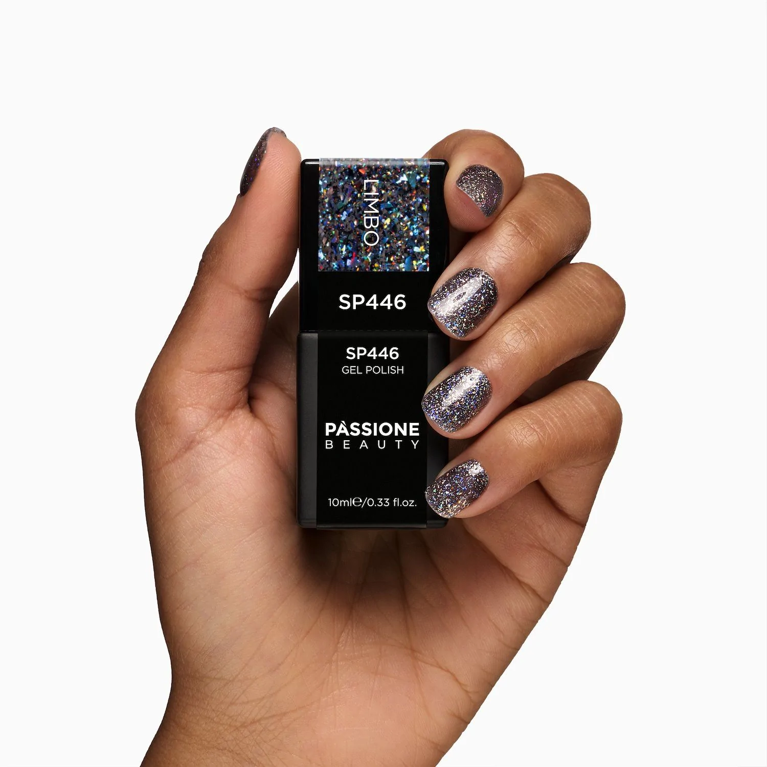 UV-Nagellack SP446 Limbo - UV-Nagellack Schwarz mit mehrfarbigen Micro-Flakes und holografischen Glitzern - Detail 3