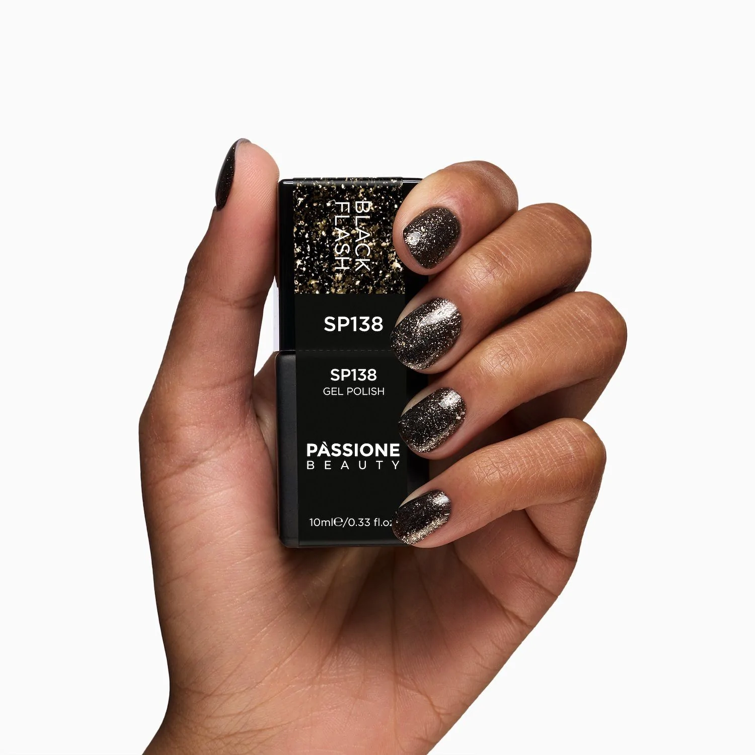 Gel Nail Polish SP138 Black Flash - Black Gel Polish with Platinum Micro-glitter and Silver Flakes - detail 2