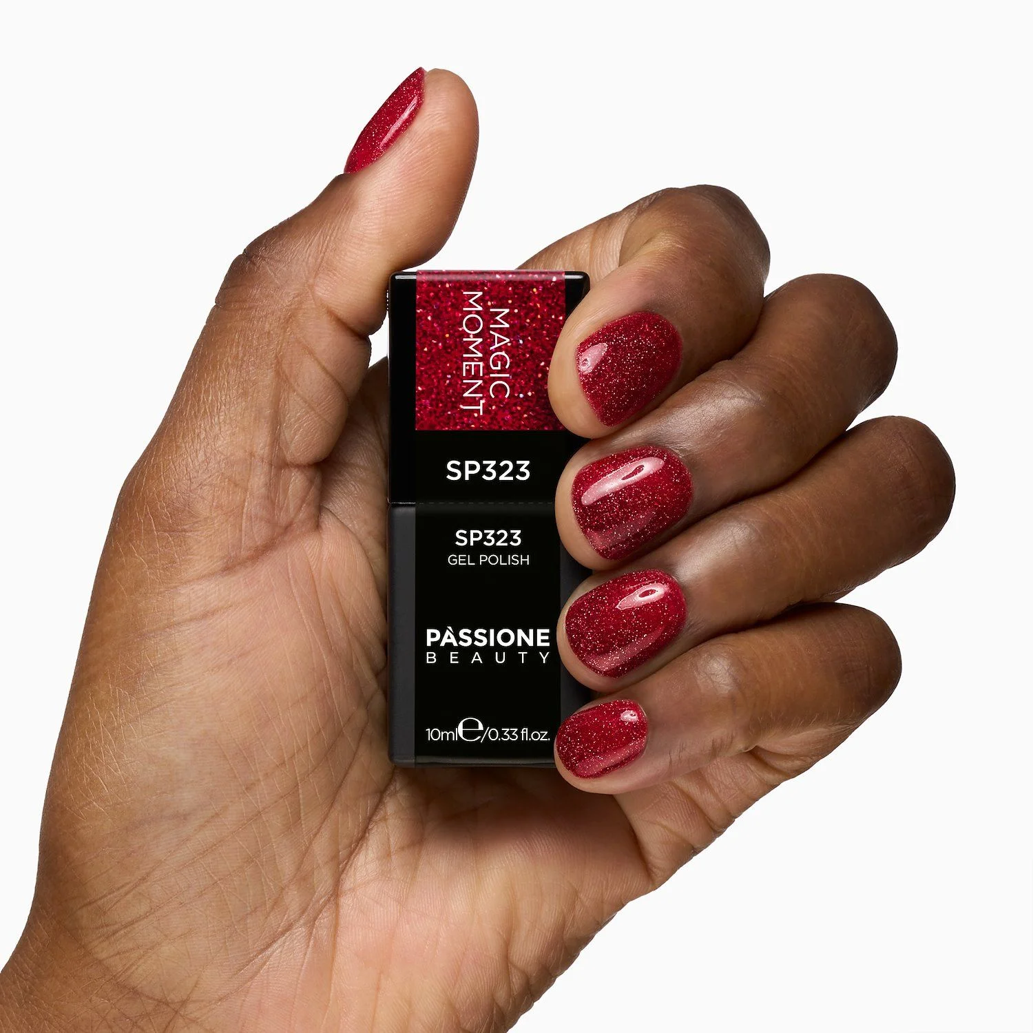 Vernis semi-permanent SP323 Magic Moment - Vernis semi-permanent rouge foncé avec micro-paillettes holographiques - détail 3