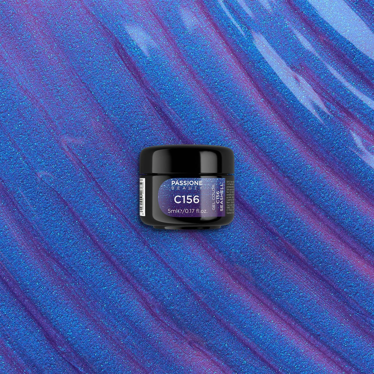 Farbgel C156 Seashell - Farbgel in Violett mit blauem Microglitter und Metallic-Effekt - Detail 3