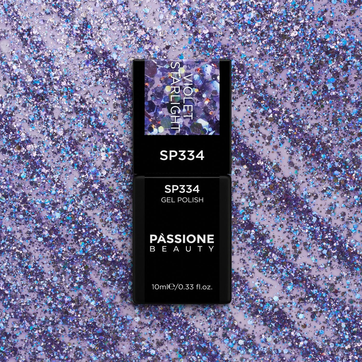 Vernis semi-permanent SP334 Violet Starlight - Vernis semi-permanent violet avec paillettes violets et bleus holographiques - détail 1