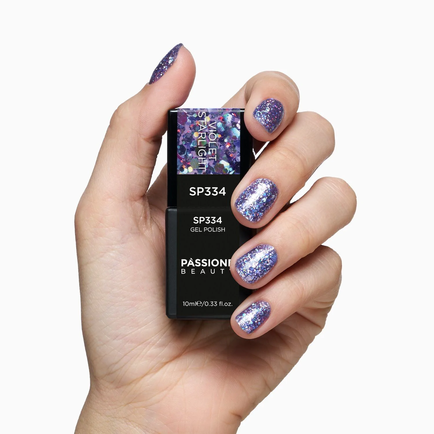 Vernis semi-permanent SP334 Violet Starlight - Vernis semi-permanent violet avec paillettes violets et bleus holographiques - détail 2
