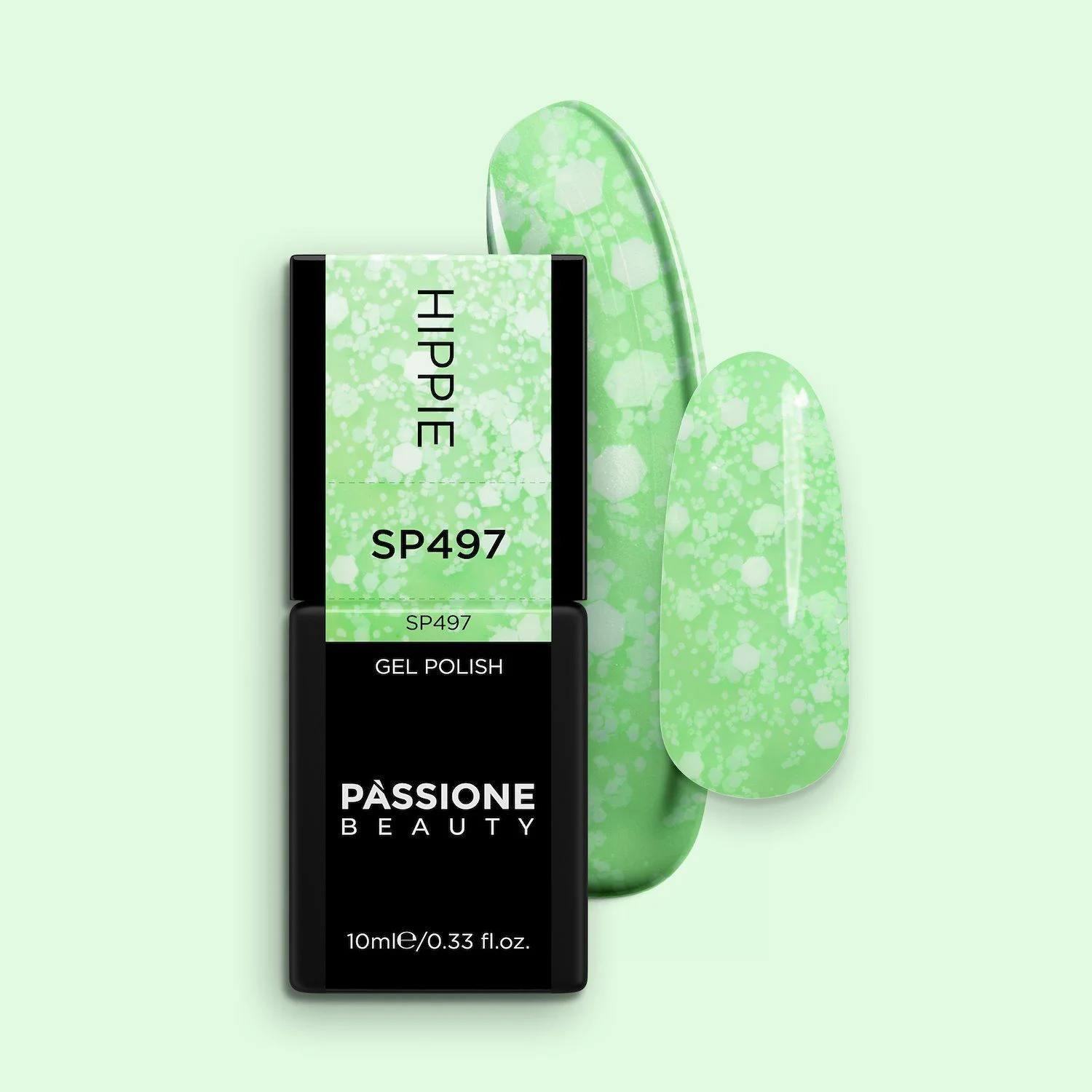 Gel Nail Polish SP497 Hippie - Neon Green Gel Polish withwhite sequins