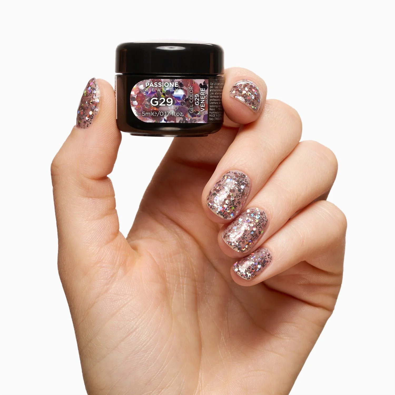 Glitter Farbgel G29 Venere - Farbgel in transparent mit Glitter in Silber und Rosegold - Detail 3