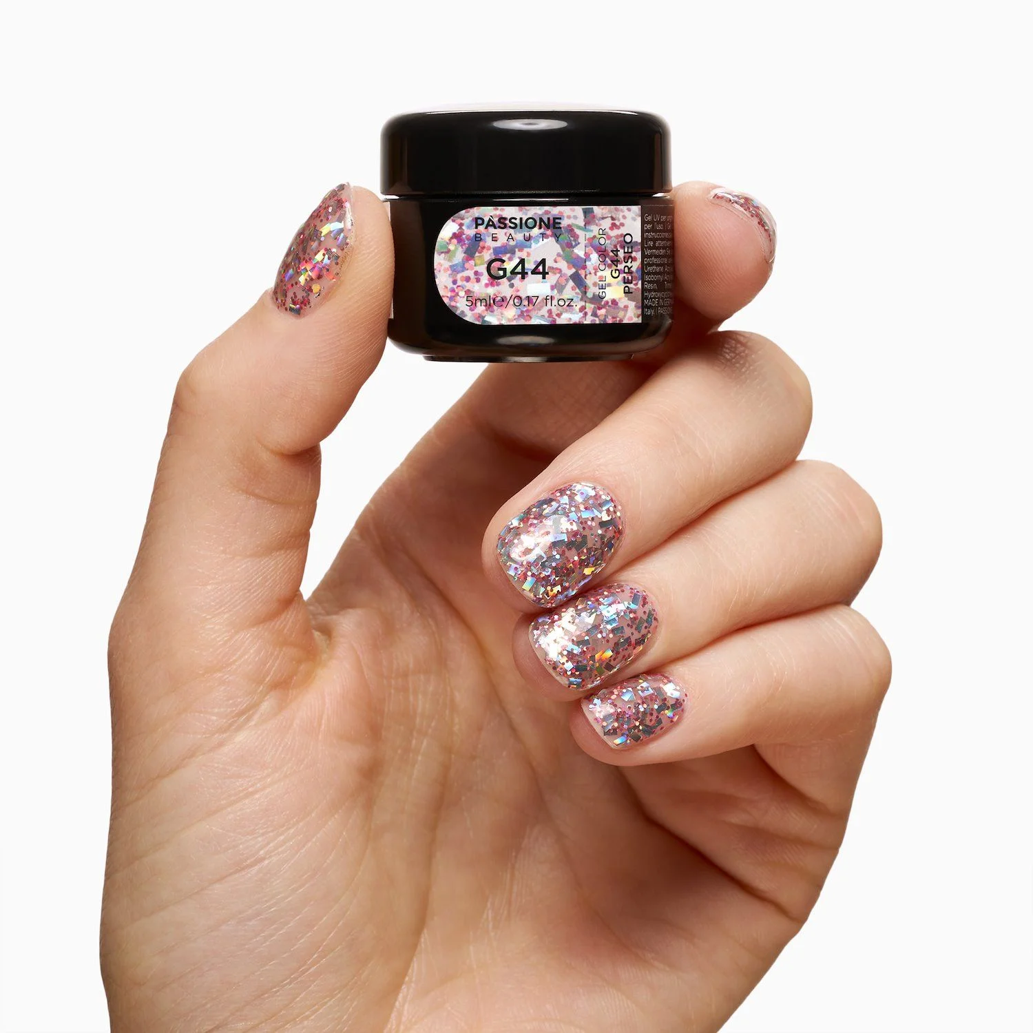 Glitter Farbgel G44 Perseo - Farbgel in transparent mit roten Glitter und Holo Lametta - Detail 3